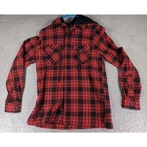 Monument Hoodie Mens Size Small Red Black Plaid Button Up Drawstring Hoodie